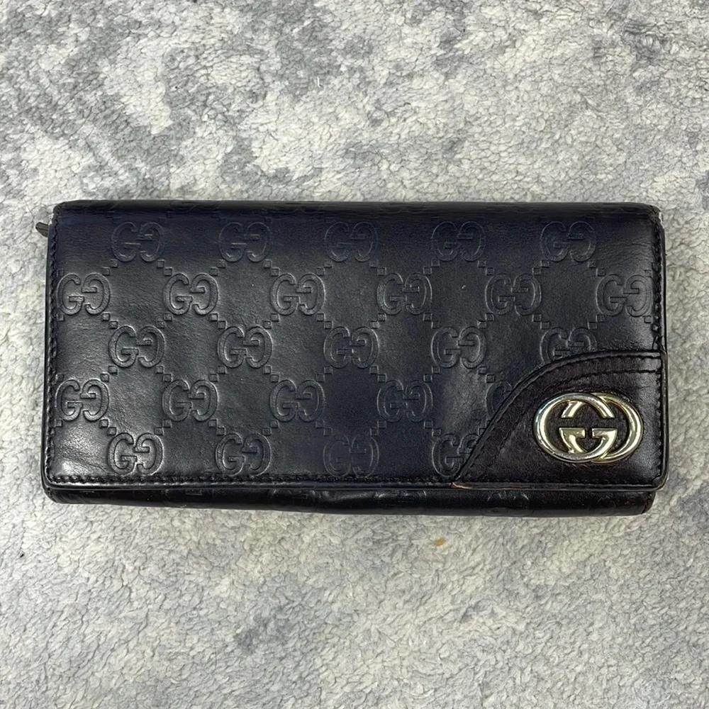 Gucci Leather Embossed GG Long Snap Wallet Dark Brown Interlocking GG